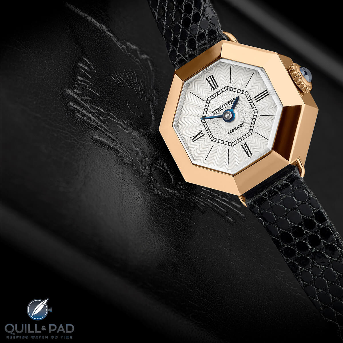 The petite 20 mm octagonal Kelso is a Struthers base watch for the pair’s tailor-made program that is available in white, yellow, or pink gold with a refurbished vintage mechanical movement; prices here start at £16,500
