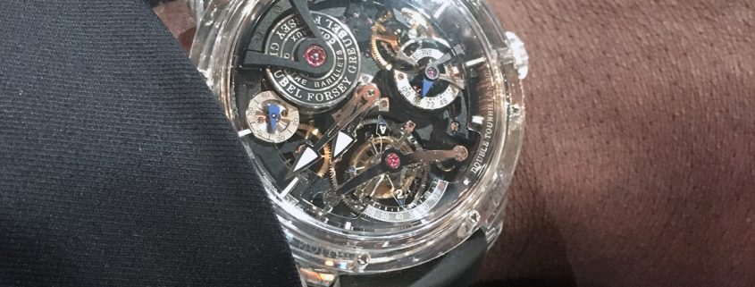 Wristshot of Aldus Hodge wear a Greubel Forsey Double Tourbillon 30° Technique Sapphire at the 2017 Academy Awards ceremony