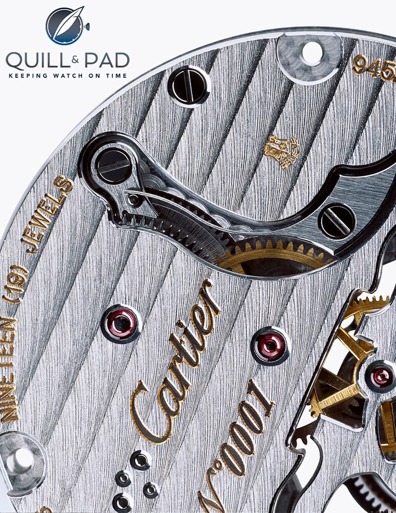 The Geneva Seal can be seen discreetly stamped at the top of this Cartier movement