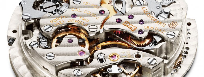 The Geneva Seal is visible at 3 o'clock on the movement of this beautifully finished Chopard L.U.C. Perpetual Chrono