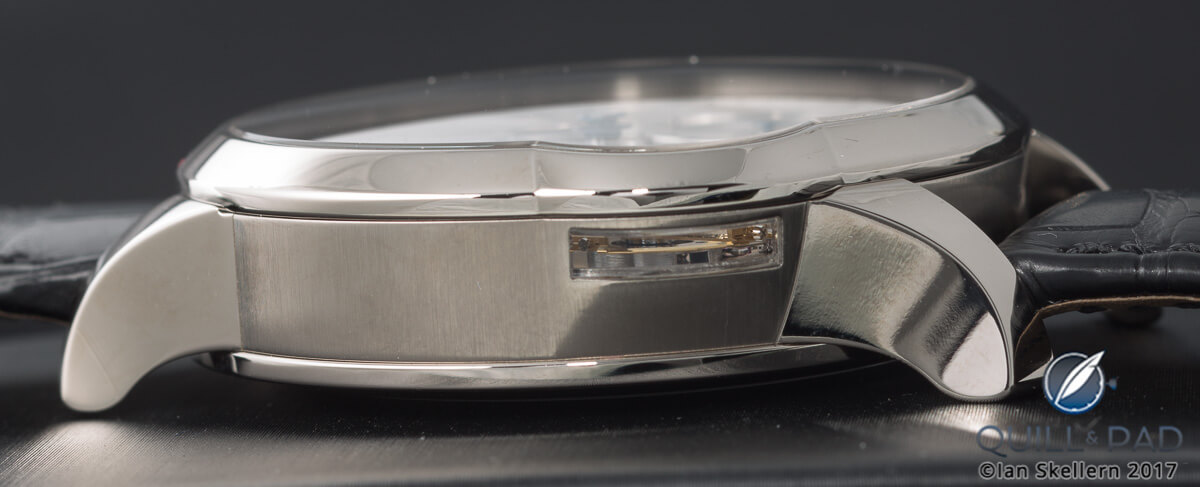 Caseband window offering both more light and a side on view of the balance wheel of the Greubel Forsey Balancier