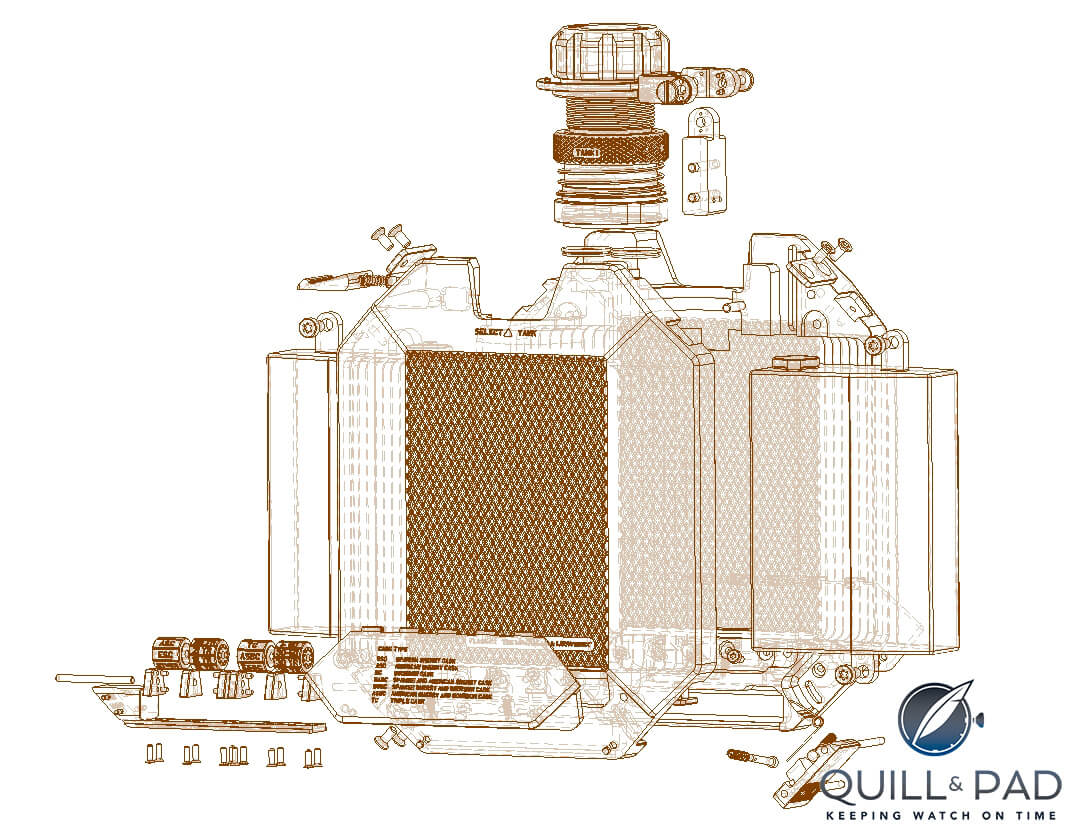Exploded diagram of The Macallan whiskey mechanical hip flask by Urwerk