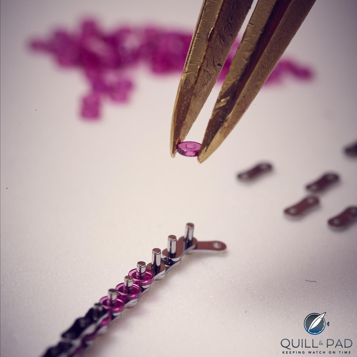 Assembling a patented ruby link constant force chain of Romain Gauthier's Logical One