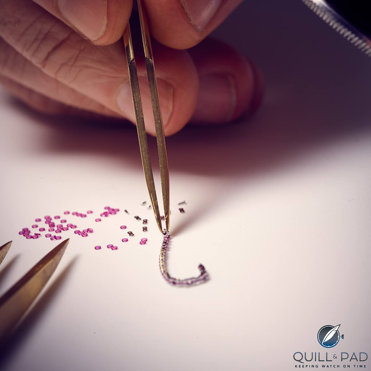 Assembling a patented ruby link constant force chain of Romain Gauthier's Logical One