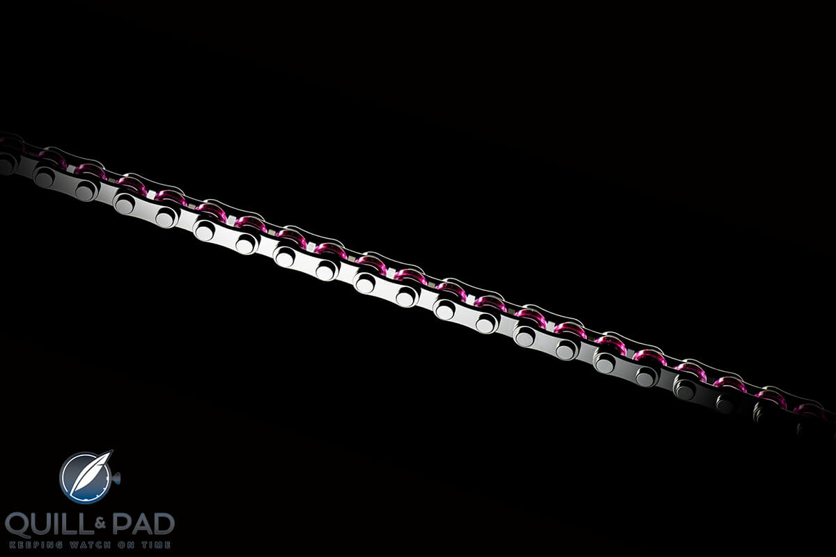 Patented ruby link constant force chain of Romain Gauthier's Logical One