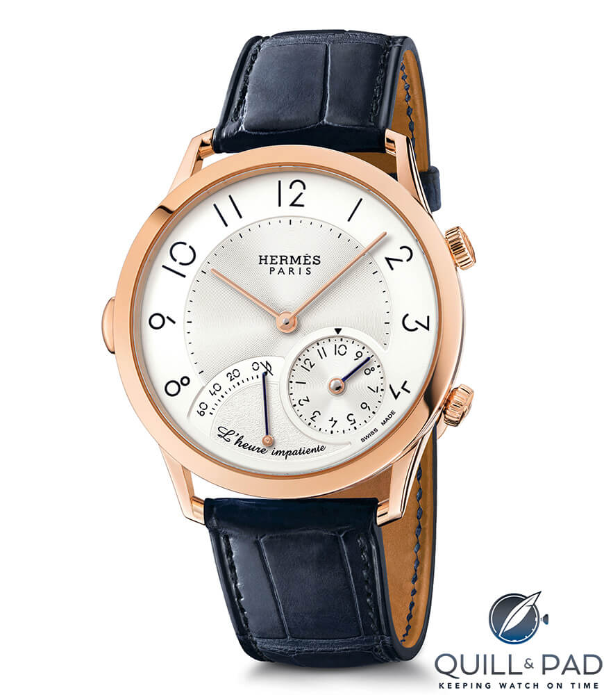 Hermès L’Heure Impatiente on an abyss blue alligator strap