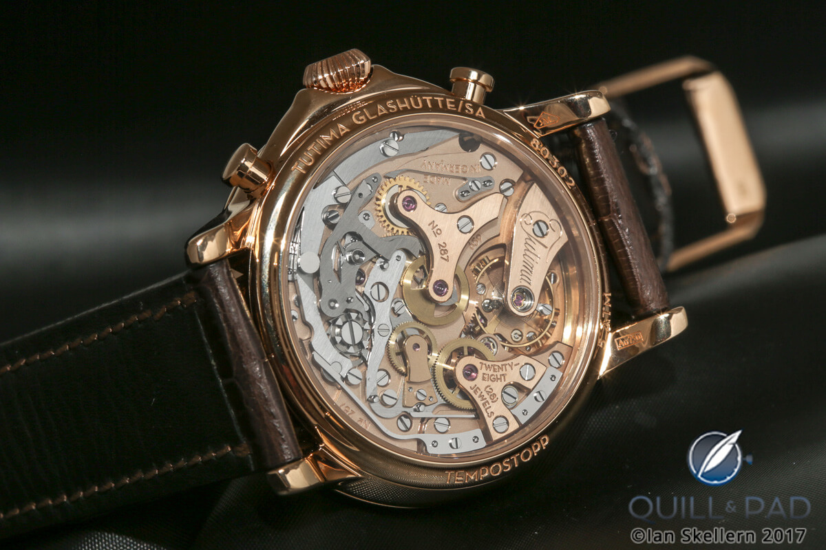 View through the display back to the beautiful movement of the Tutima Tempostopp flyback chronograph