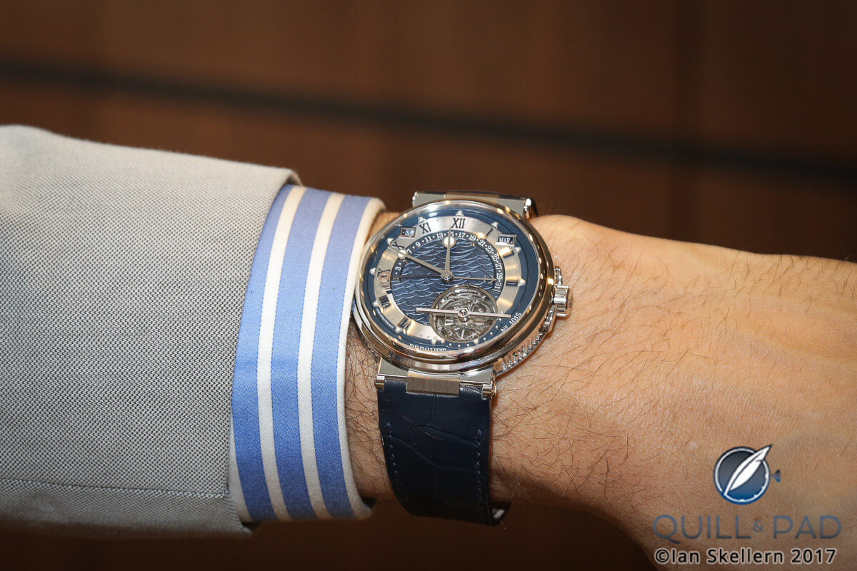 Breguet Marine Équation Marchante Ref. 5887 in platinum on the wrist