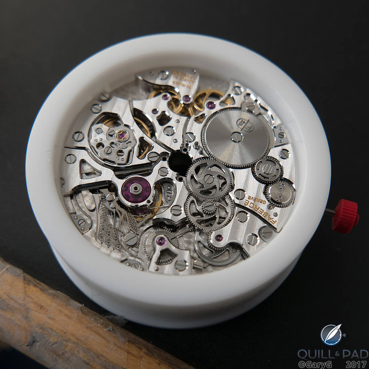 Movement of the Fabergé Visionnaire DTZ with peacock lever at bottom left