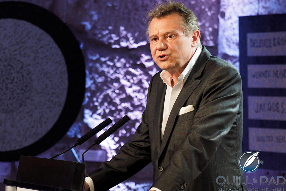 François-Paul Journe accepting the Fondation de la Haute Horlogerie's 2016 award for Hommage au Talent