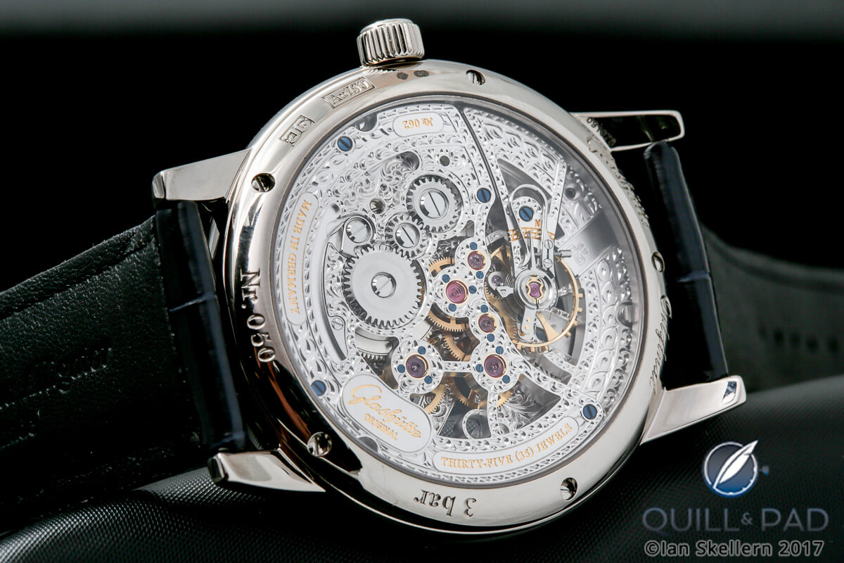 Intricately engraved back of the Glashütte Original Senator Moon Phase Skeletonized Edition