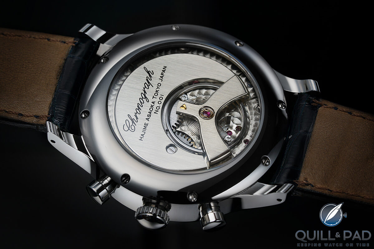 View through the display back of the Hajime Asaoka Chronograph