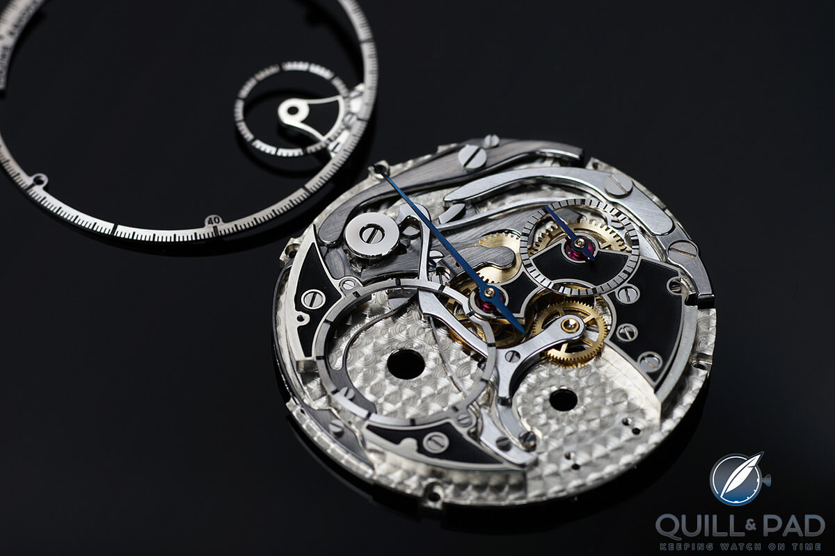 The chronograph mechanism above the main plate of the Hajime Asaoka Chronograph