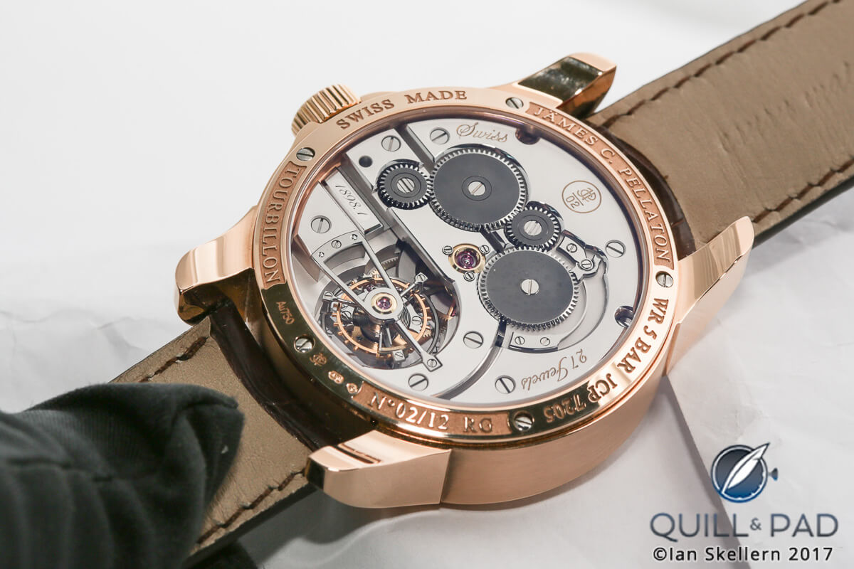 View through the display back of the James Pellaton Chronometre Royal Marine tourbillon in red gold