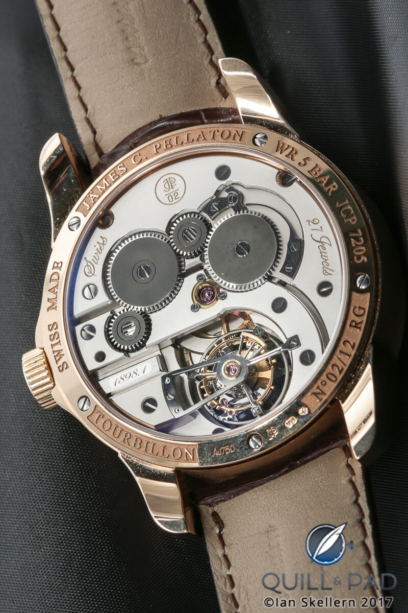 View through the display back of the James Pellaton Chronometre Royal Marine tourbillon in red gold