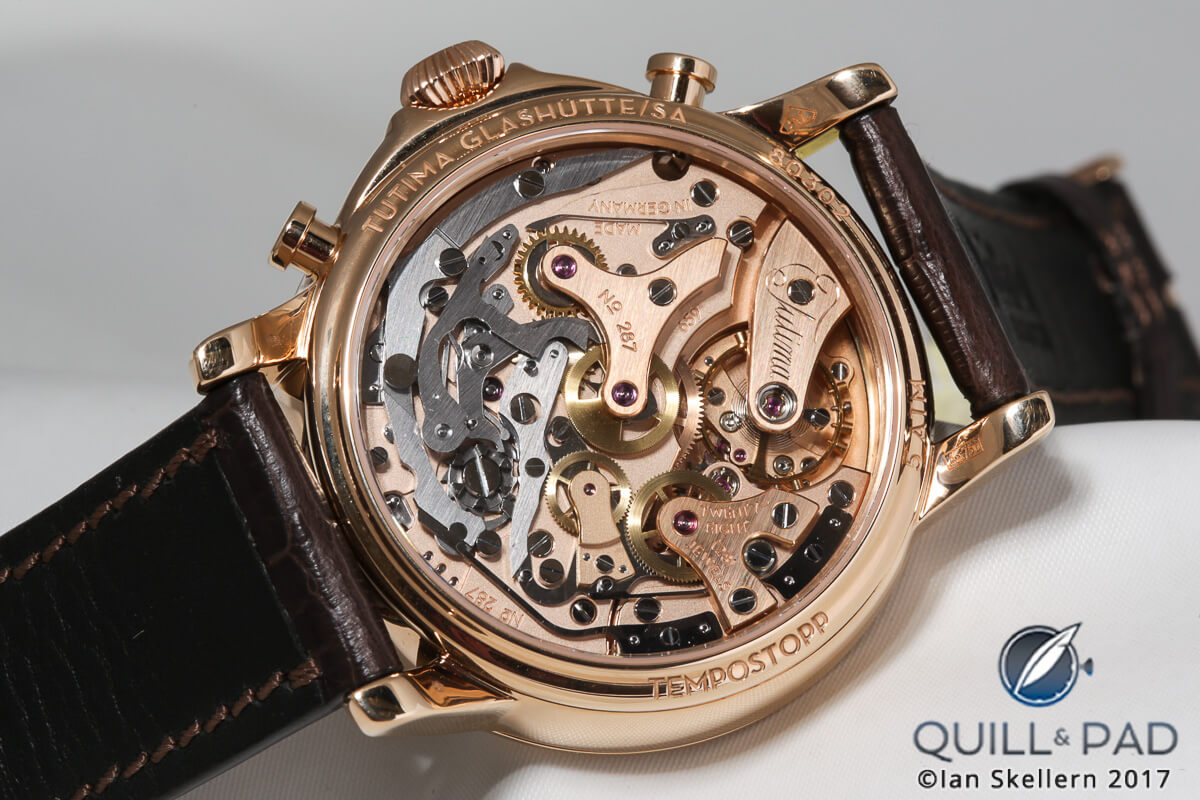 View through the display back to the beautiful Tutima in-house Caliber T659 flyback chronograph movement which powers the Tempostopp
