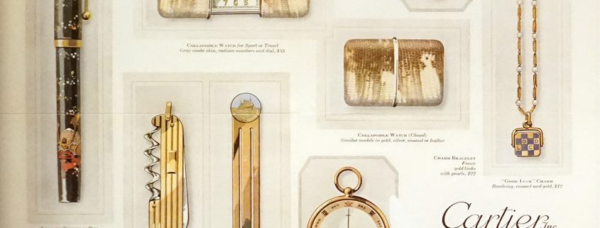 Historic advertising on display at the 'Cartier in Motion' exhibition at the London Design Museum
