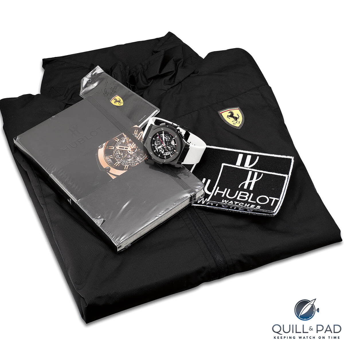 Lot 1012: Hublot ceramic skeletonised chronograph wristwatch with travel bag and Ferrari windbreaker, exclusively for the Saint Honoré Hublot boutique, numbered 1 of a limited edition of 25 pieces 