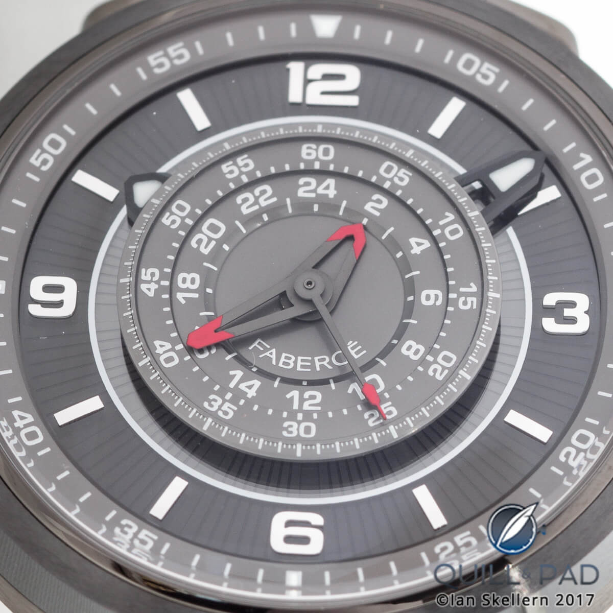 Close look dial side of the Fabergé Visionnaire Chronograph in ceramic/titanium