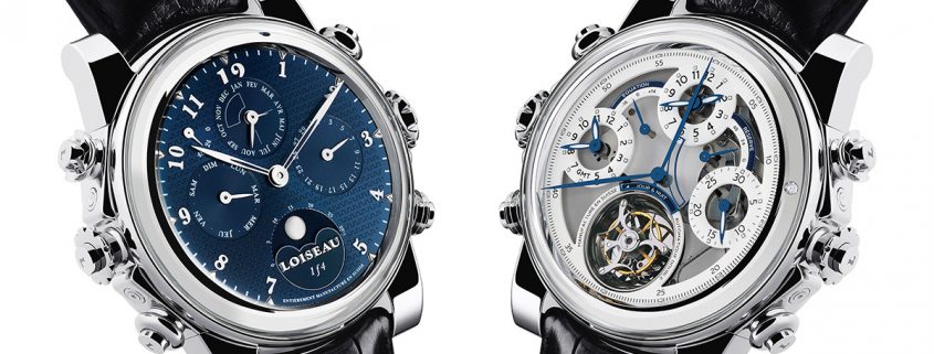 Both sides of the Perpetual calendar side of the Dominique Loiseau 1f4, the case is turned by simply pulling out and rotating the lugs