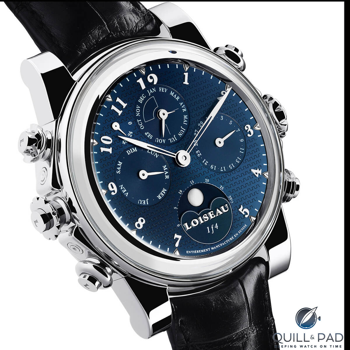 Perpetual calendar side of the Dominique Loiseau 1f4 powered by its own peripheral automatic winding rotor