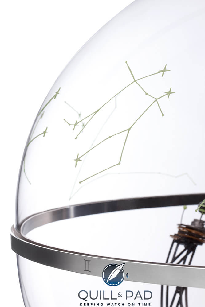 The 12 zodiac constellations are etched into the glass dome of the Panerai Jupiterium and filled with Super-LumiNova so that they glow in the dark