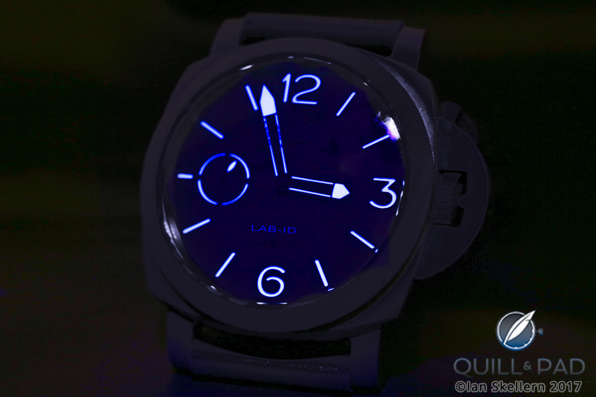 Blue Super-LumiNova glowing in the dark on the Panerai Lab-ID Luminor 1950 Carbotech 3 Days
