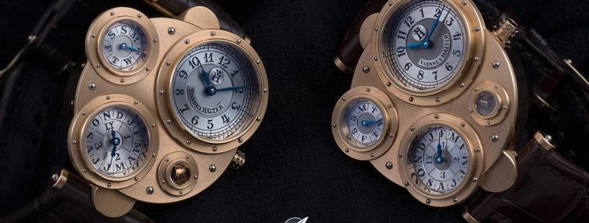 Side by side: two examples of Vianney Halter’s Antiqua in pink gold
