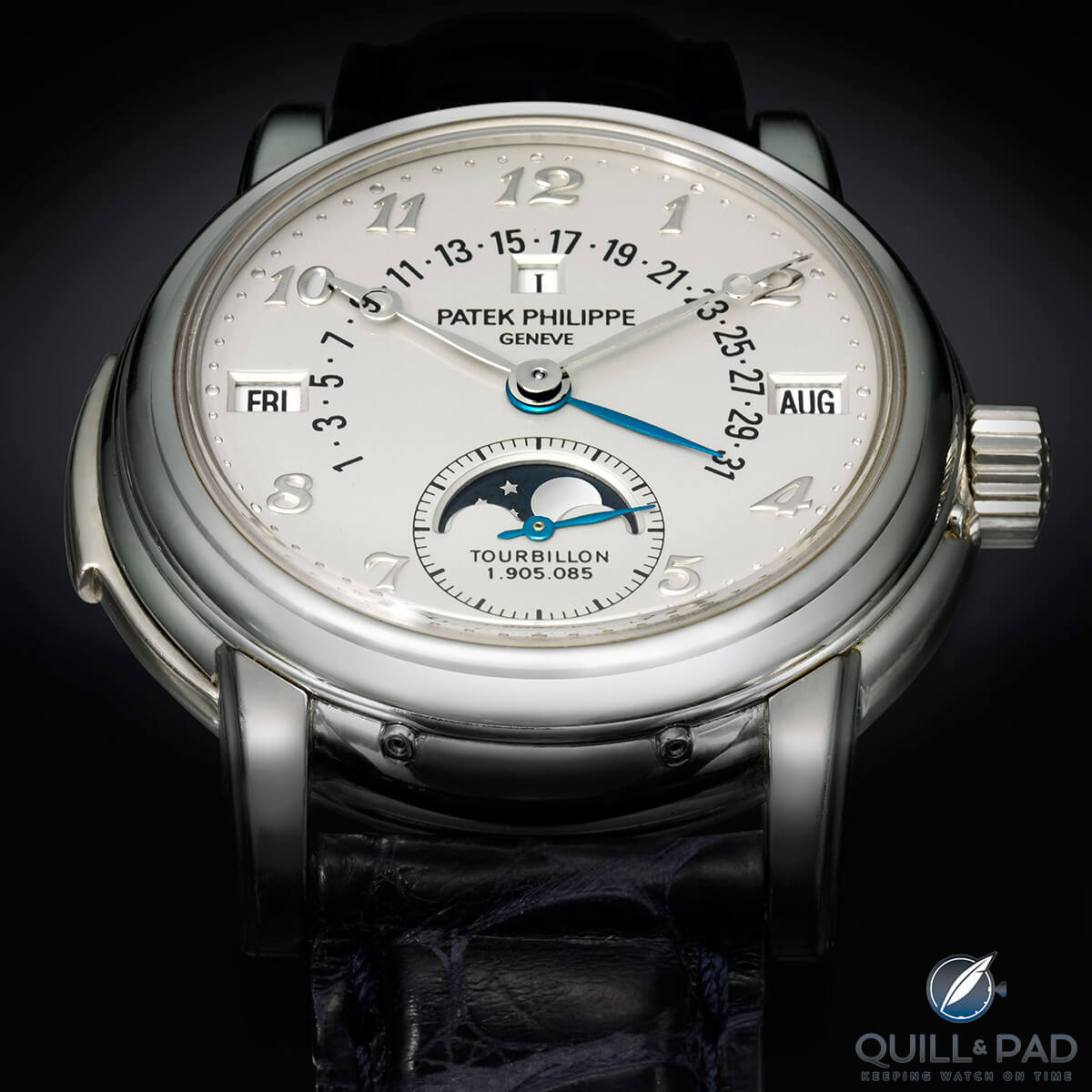 Patek Philippe Reference 5016 Calatrava, a platinum minute repeating perpetual calendar tourbillon with retrograde date and moon phases, was Sotheby’s top performer in the June 2017 auction