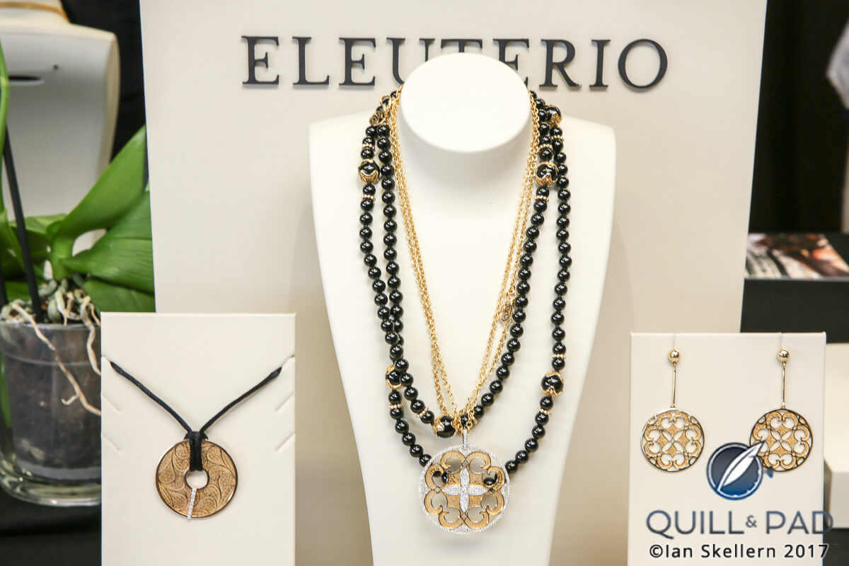 An interesting juxtaposition: a Deco Filigree necklace that can be worn on a string of onyx-and-gold beads that strongly resemble a rosary