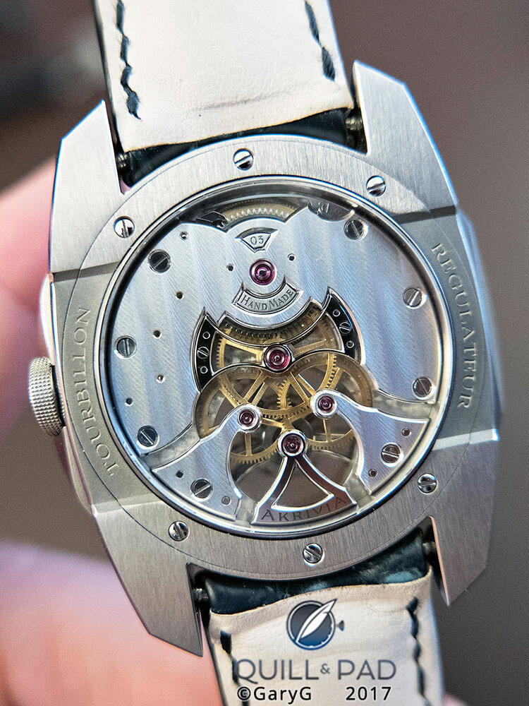 Handmade: movement detail, Akrivia Tourbillon Regulateur with hand-engraved plaques