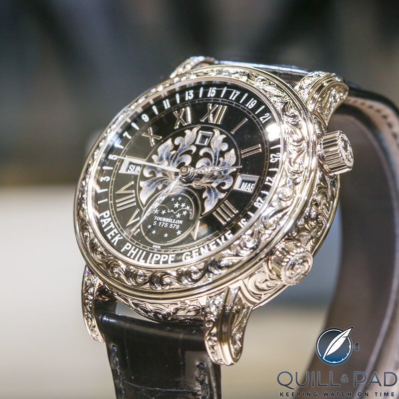 Patek Philippe’s Reference 6002 Sky Moon Tourbillon features a solid gold dial embellished with champlevé enamel