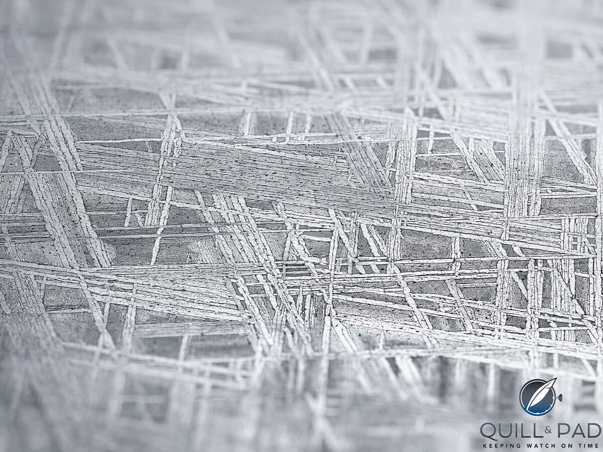 Close up look at the intricate pattern of the meteorite used to create the moon of the Rolex Cellini Moonphase