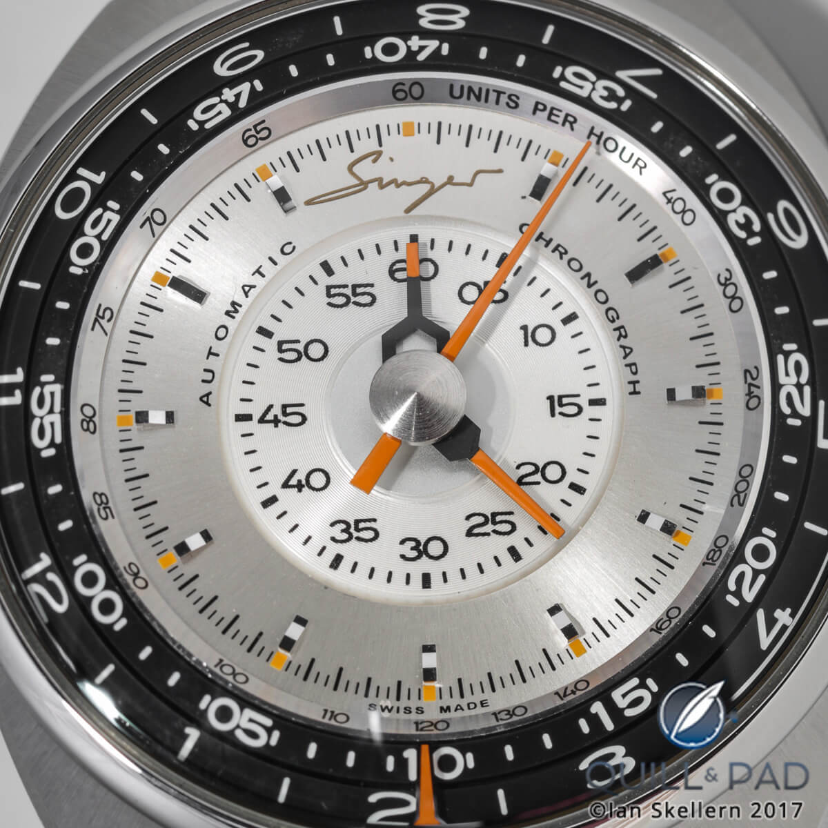 Close look dial side of the Singer Reimagined Track 1 chronograph