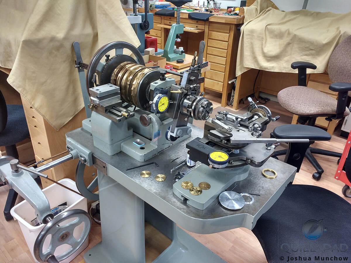 One of the many guilloche machines at the RGM workshop