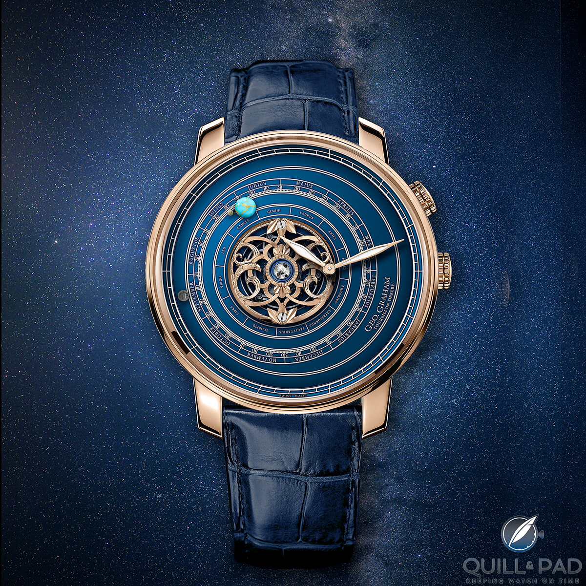 Graham Geo. Graham Orrery Tourbillon in pink gold with blue dial