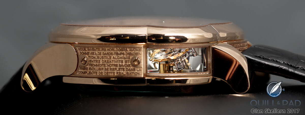 Spectacular view through the caseband window into the tourbillon of the Greubel Forsey Tourbillon 24 Secondes Edition Historique in platinum