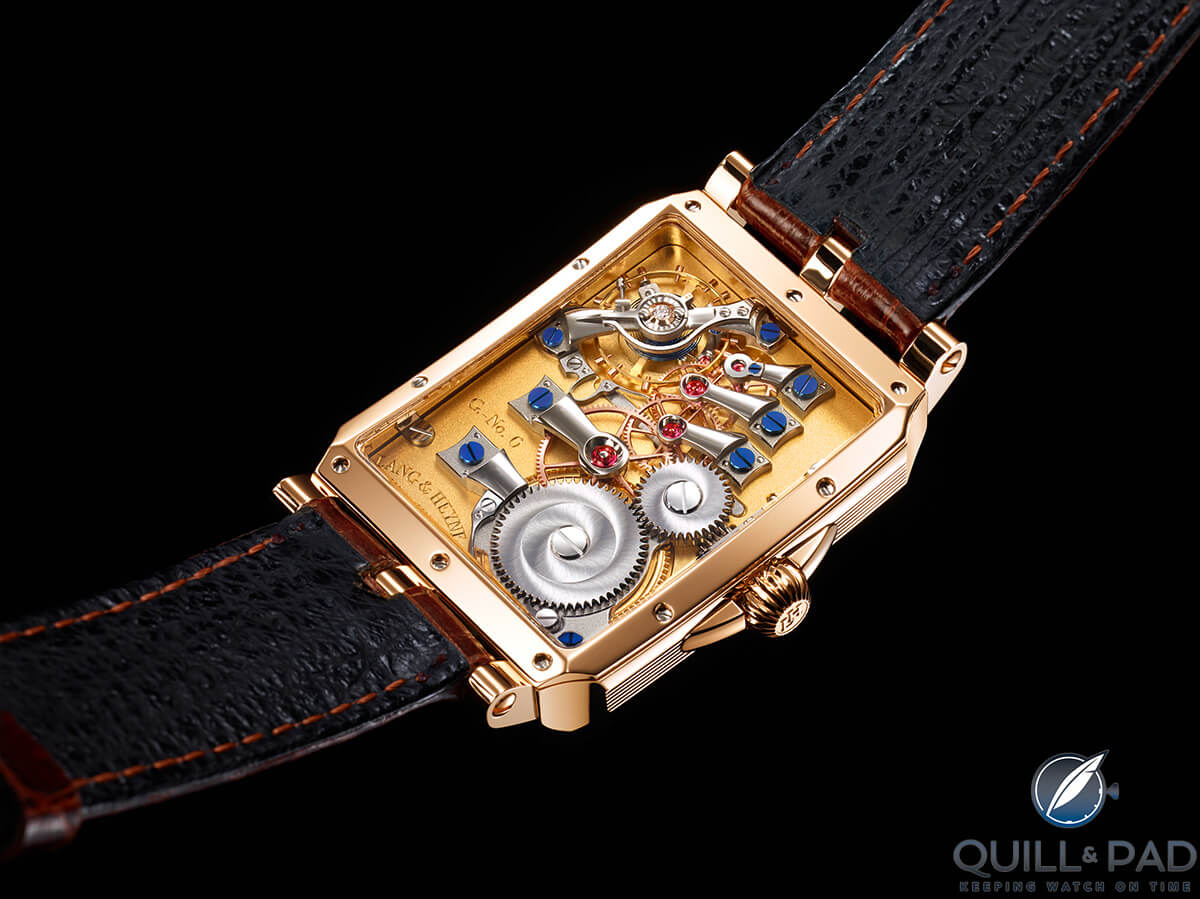 beautiful view of the Caliber V111 movement through the display back of the Lang & Heyne Georg