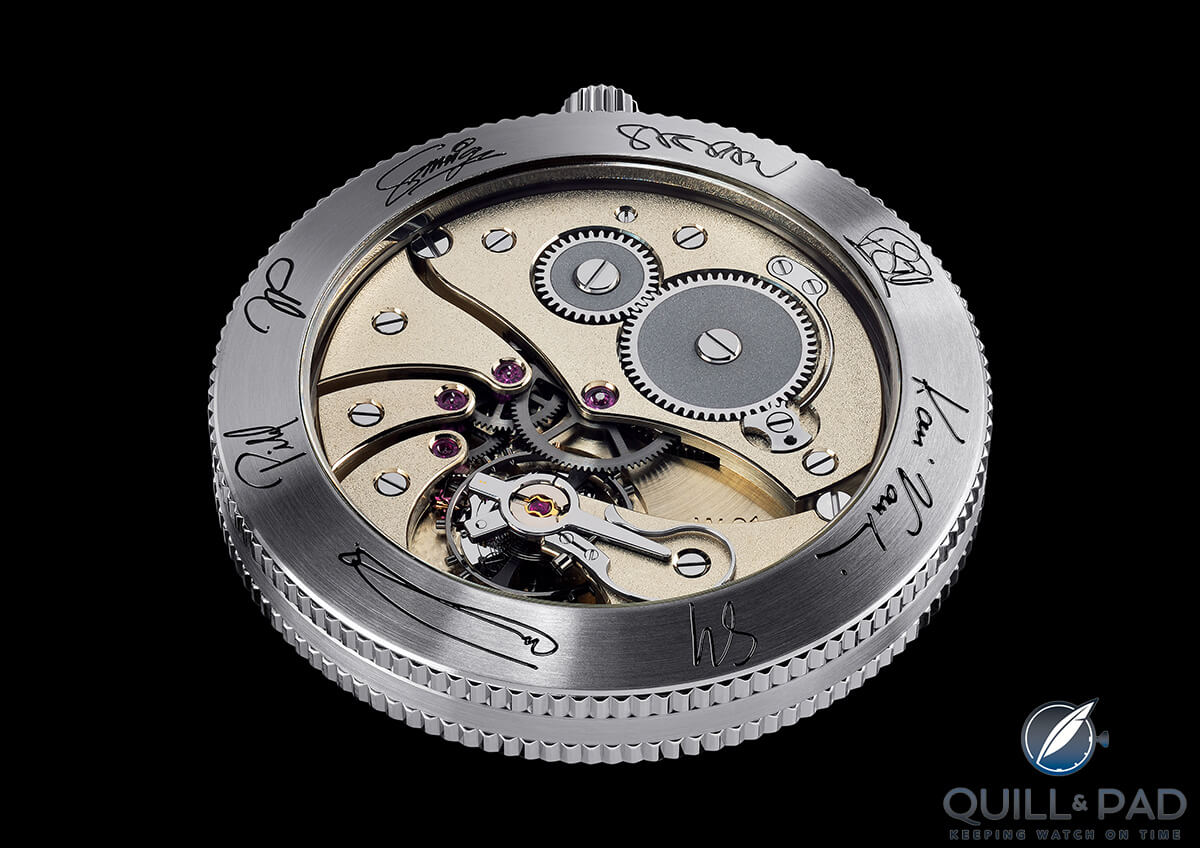 View through the display back to the hand finished movement of the WOSTEP School Watch for Only Watch 2017