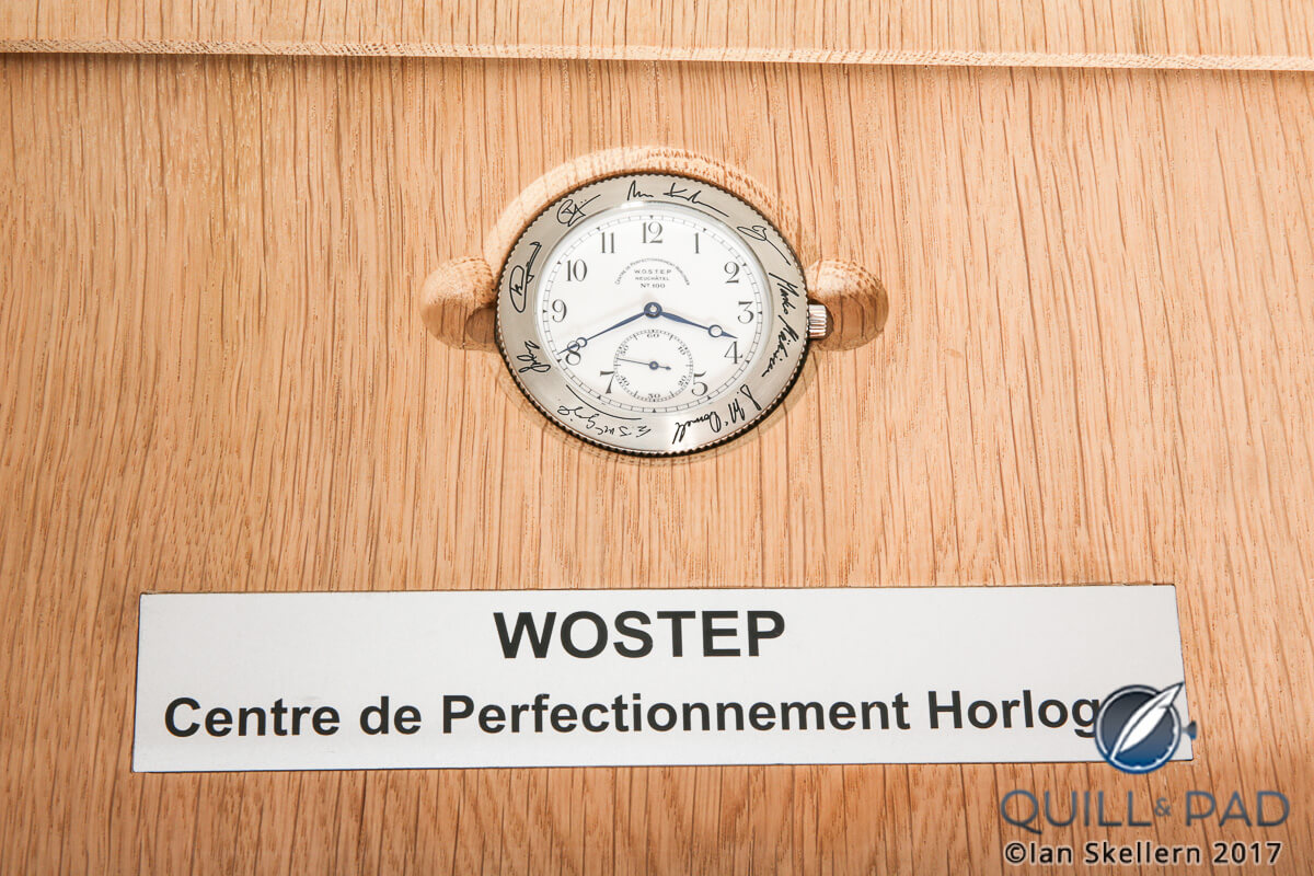 Close up look at WOSTEP School Watch for Only Watch 2017 in its presentation case