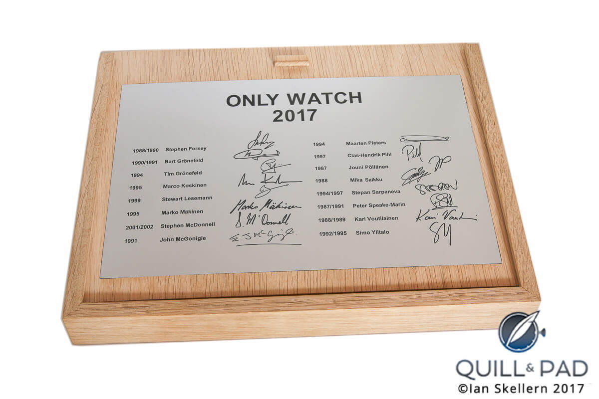 Signatures of 16 WOSTEP alumnis on the presentation case of the WOSTEP School Watch for Only Watch 2017