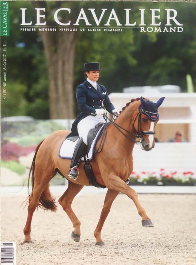 The cover of Le Cavalier Romand featuring Antonella Joannou riding Dandy de la Roche to win the international dressage Grand Prix in Jiva Hill, Crozet