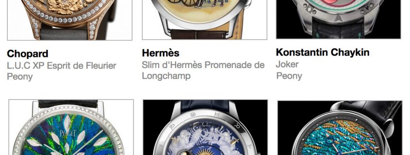 Pre-selected watches in the Artistic Crafts category of the 2017 GPHG: (clockwise from top left) Chopard L.U.C XP Esprit de Fleurier Peony, Hermès Slim d’Hermès Promenande de Longchamp, Konstantin Chaykin Joker, Piaget Altiplano Art & Excellence feather marquetry, Vacheron Consantin Métiers d’Art Copernicus Celestial Spheres, and Kari Voutilainen Aki-No-Kure