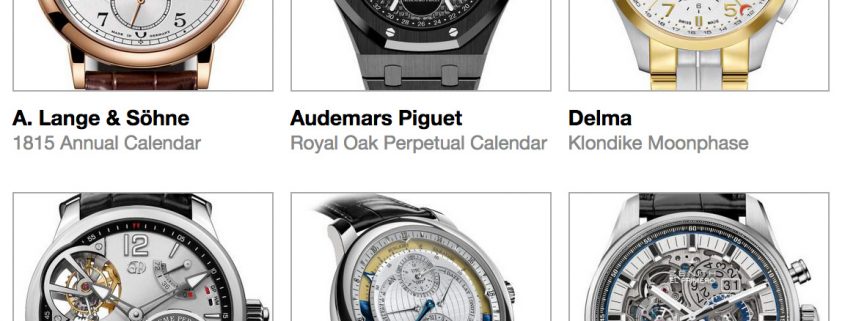 pre-selected Calendar watches for the 2017 GPHG are, clockwise from top left above: A. Lange & Söhne 1815 Annual Calendar, Audemars Piguet Royal Oak Perpetual Calendar, Delma Klondike Moonphase, Greubel Forsey QP à Équation, Krayon Everywhere – Universal Sunrise & Sunset, and Zenith Chronomaster El Primero Grande Date Full Open