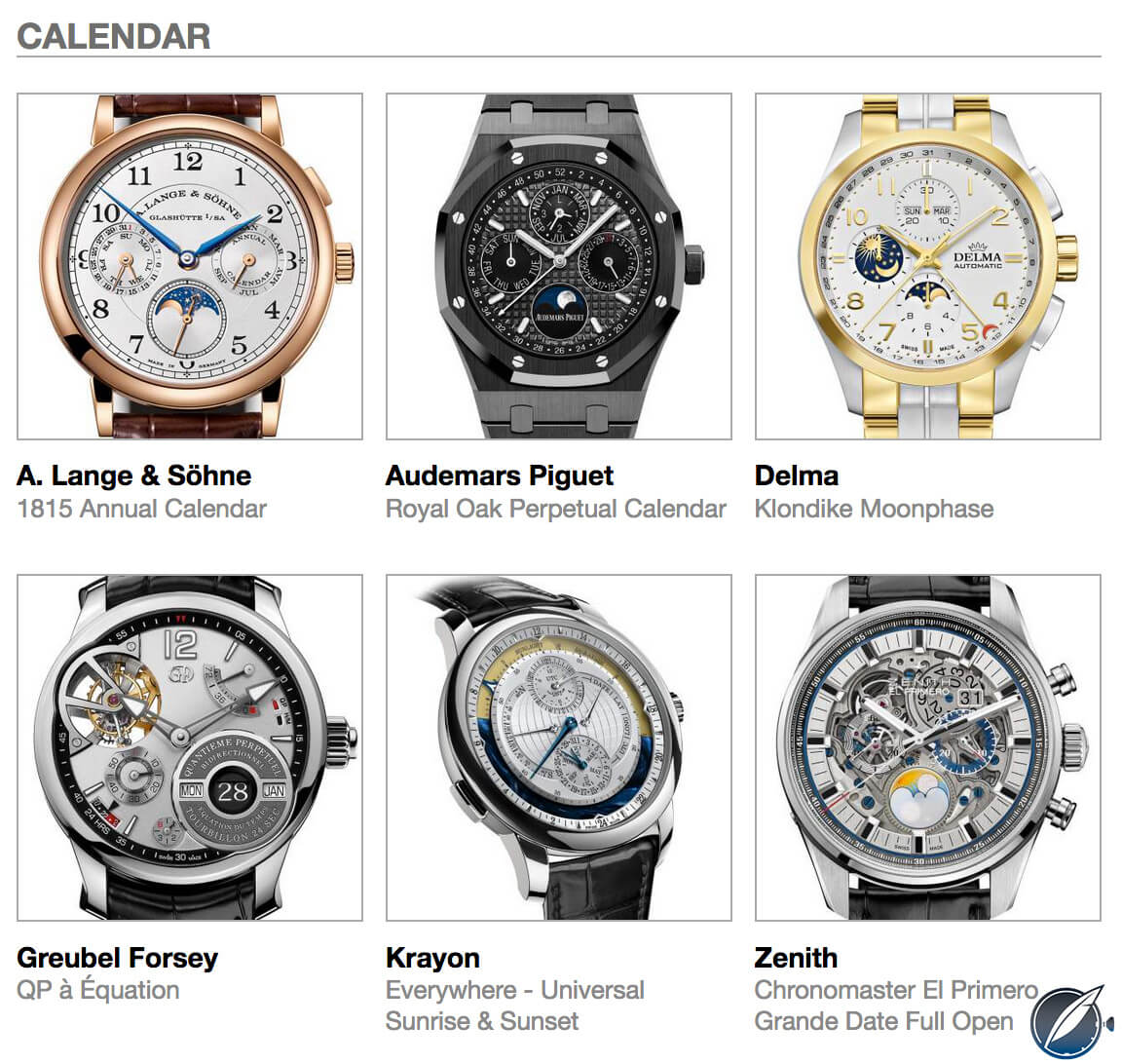 pre-selected Calendar watches for the 2017 GPHG are, clockwise from top left above: A. Lange & Söhne 1815 Annual Calendar, Audemars Piguet Royal Oak Perpetual Calendar, Delma Klondike Moonphase, Greubel Forsey QP à Équation, Krayon Everywhere – Universal Sunrise & Sunset, and Zenith Chronomaster El Primero Grande Date Full Open