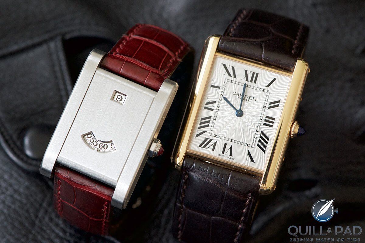 Cartier Tank à Guichets (left) and Louis Cartier XL (photo Geo Cramer)