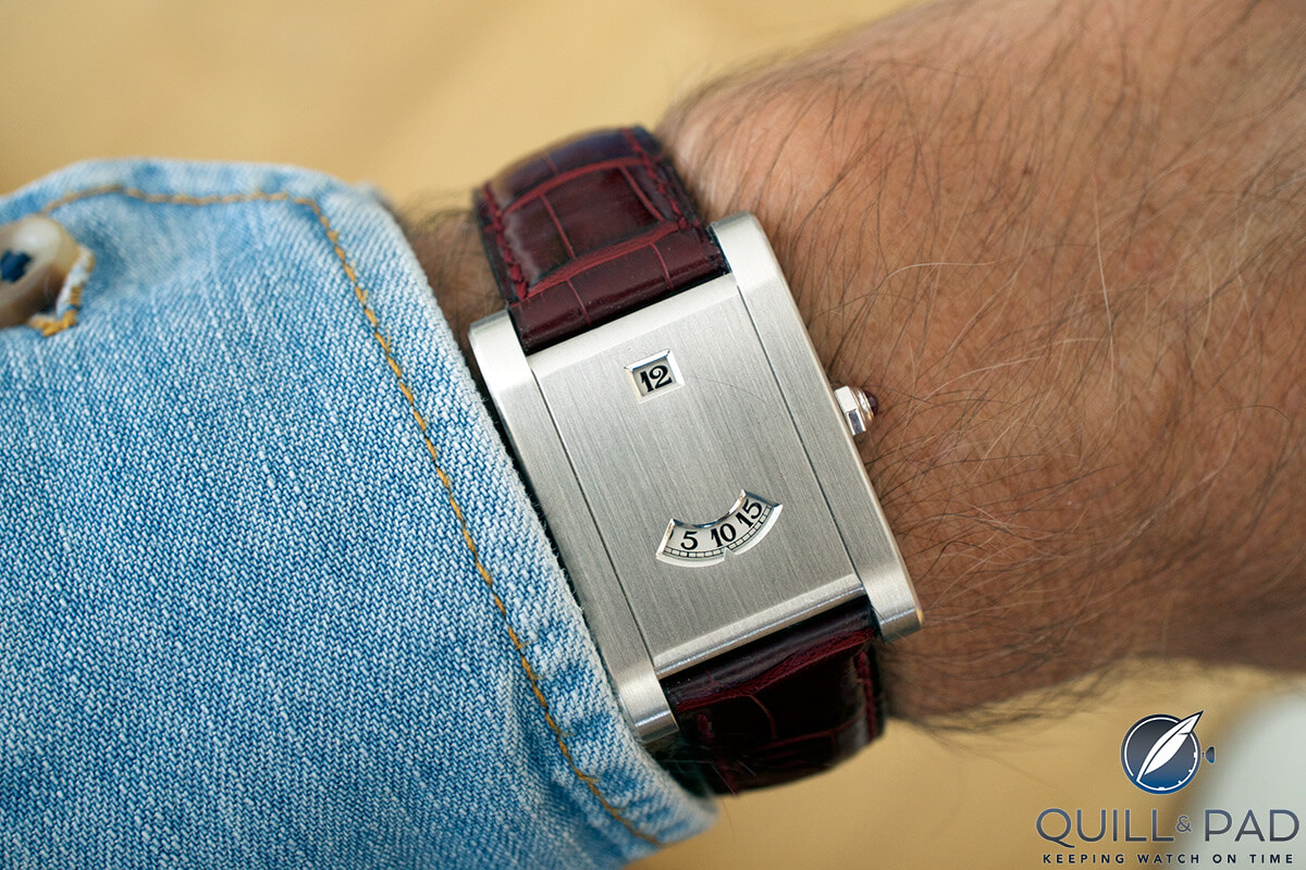 Cartier Tank à Guichets in platinum on the wrist