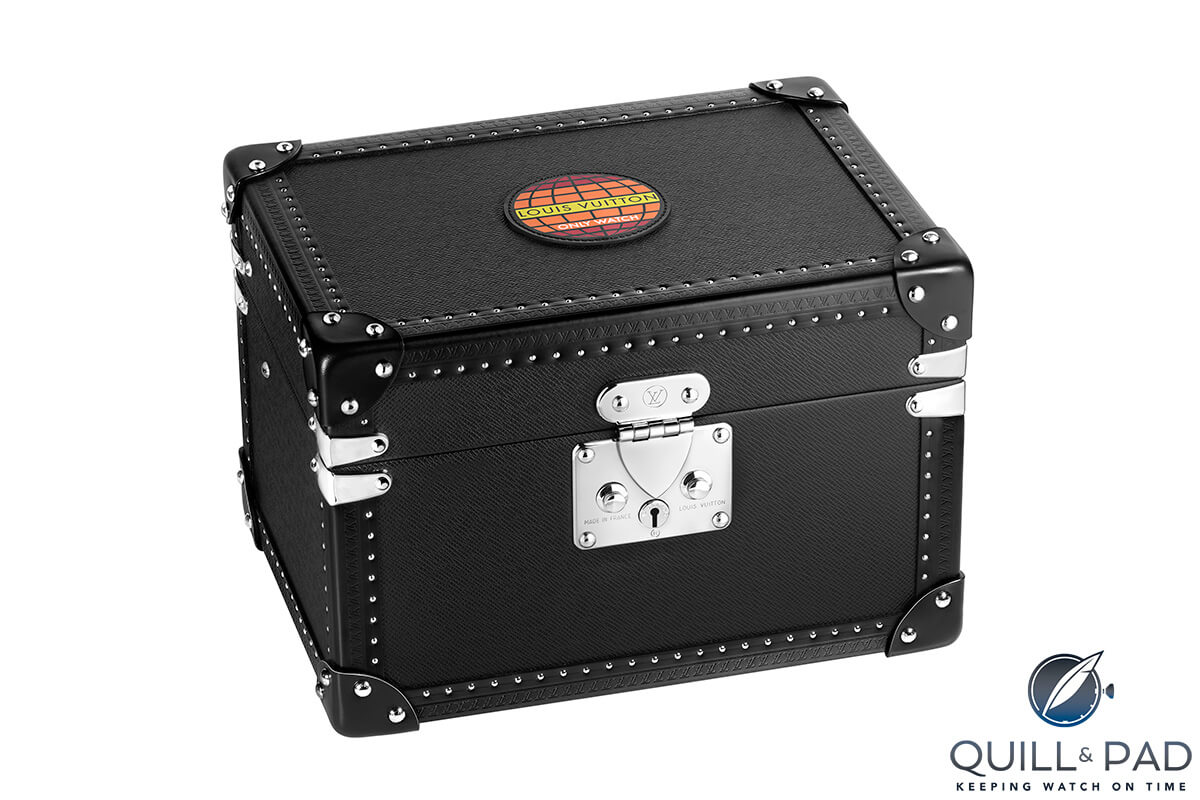 Traditionally-styled travel case of the Louis Vuitton Escale Spin Time Black & Fire For Only Watch 2017