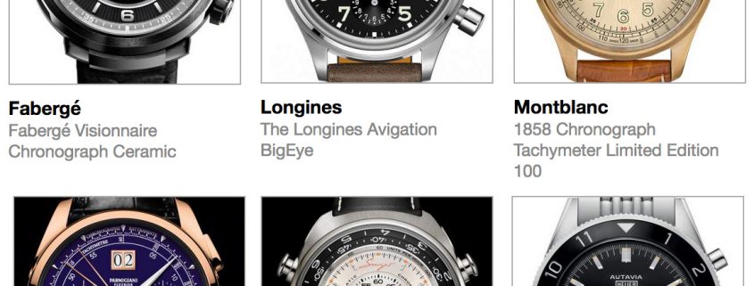 pre-selected Chronograph watches for the 2017 GPHG are, clockwise from top left above: Fabergé Visionnaire Chronograph Ceramic, Longines Avigation BigEye, Montblanc 1858 Chronograph Tachymeter Limited Edition 100, Parmigiani Fleurier Tonda Chrono Anniversaire, Singer Reimagined Track 1, and TAG Heuer Autavia.