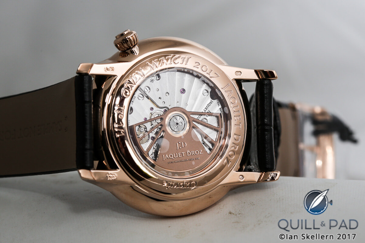 The beautifully finished Jaquet Droz manufacture Caliber 2663A.P is visible through the display back of the Grande Seconde Off-Centered Cuprite for Only Watch 2017